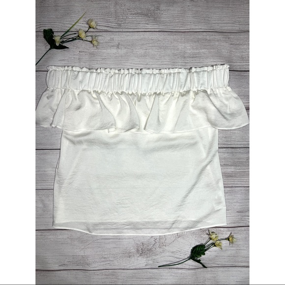 EXPRESS Off The Shoulder Smocked Ruffle Top in Ivory - Picture 12 of 14